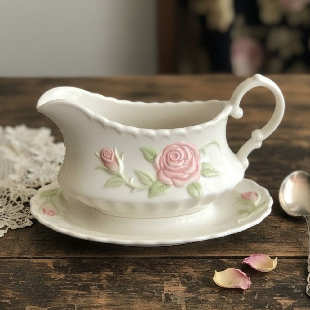 Metlox Vernon Ware Vernon Rose Pink Gravy Sauce Boat w/Attached Plate